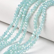 Electroplate Glass Beads Strands, Imitation Jade Beads, Full Rainbow Plated, Faceted, Rondelle, Aquamarine, 4x3mm, Hole: 0.4mm, about 123~127pcs/strand, 16.5~16.9 inch(42~43cm)(EGLA-A034-J4mm-T02)