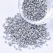 Glass Cylinder Beads, Seed Beads, Metallic Colours, Round Hole, Silver, 1.5~2x1~2mm, Hole: 0.8mm, about 8000pcs/bag, about 85~95g/bag(SEED-Q036-01A-C14)