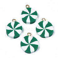Handmade Polymer Clay Pendants, with Light Gold Iron Loop, Flat Round, Green, 19.5~20.5x15.5~16.5x3.5~4mm, Hole: 2mm(CLAY-N010-054A)