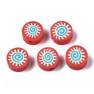 Handmade Polymer Clay Beads, for DIY Jewelry Crafts Supplies, Flat Round with Sun, Red, 9.5x4.5~5mm, Hole: 1.6mm(CLAY-N008-037F)