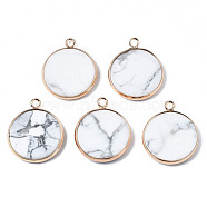 Natural Howlite Pendants, with Golden Plated Brass Edge and Loop, Flat Round, 25x21x3.5mm, Hole: 2mm(G-Q998-010H)