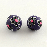 Handmade Flower Pattern Polymer Clay Beads, Round, Medium Purple, 11~12mm, Hole: 2mm(CLAY-Q175-01)