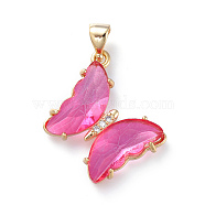 Brass Micro Pave Clear Cubic Zirconia Pendants, with Glass, Butterfly, Golden, Pearl Pink, 24x21.5x4mm(ZIRC-P079-D01-13)