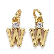 Brass Micro Pave Clear Cubic Zirconia Pendants, with Jump Rings, Real 18K Gold Plated, Long-Lasting Plated, Letter, Letter.W, 9.5x6x2.5mm(ZIRC-Z011-35W)