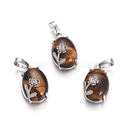 Natural Tiger Eye Pendants, with Platinum Tone Brass Findings, Oval with Flower, 22x13.8x10.3mm, Hole: 6x3.5mm(G-L512-I22)