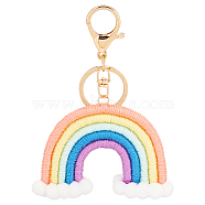 Handmade Woven Cotton Keychain, with Iron & Alloy Findings, Golden, Rainbow Pattern, 12cm, Rainbow: 56x181x16mm(KEYC-WH0034-18A)