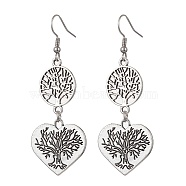 Tree of Life Alloy Dangle Earrings, 304 Stainless Steel Earring for Women, Flat Round and Heart, Antique Silver, 63x23.5mm(EJEW-JE05527)