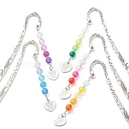 Gradient Color Transparent Acrylic Beaded Bookmarks, Tibetan Style Alloy Heart Charm Bookmark, Hook Book Marker, Mixed Color, 122mm(AJEW-JK00202)