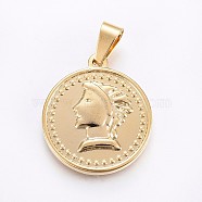 304 Stainless Steel Flat Round Pendants, Roman Coin, Golden, 29x25.5x3mm, Hole: 10x5mm(STAS-H458-11G)