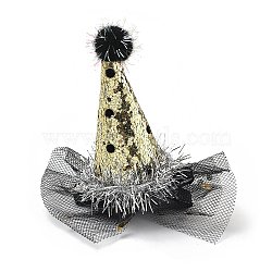 New Year's party Iron Hair Clip, Mesh, PET and Gold Onion Cloth Hair Accessories, Hat, 90x47x32.5mm(OHAR-R102-01O)