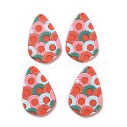 Printed Opaque Acrylic Pendants, Teardrop with Round Ring Pattern, Orange Red, 42x28x2.2mm, Hole: 1.5mm(MACR-C003-12)