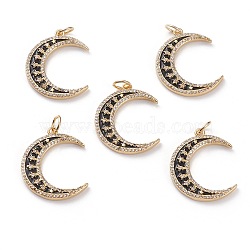 Brass Micro Pave Clear Cubic Zirconia Pendants, with Black Enamel & Jump Rings, Moon, Real 18K Gold Plated, 26x21x2.5mm, Jump Ring: 6x1mm, 4mm Inner Diameter(KK-C100-20G)