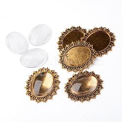 Alloy Cabochon & Rhinestone Settings and 40x30mm Oval Clear Glass Covers Sets, Lead Free & Nickel Free, Antique Golden, Cabochon Settings: 56x49x2mm, Tray: 40x30mm, Fit for 2mm rhinestone(DIY-X0115-AG-FF)