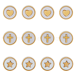12Pcs 3 Style 304 Stainless Steel Beads, with Shell, Flat Round with Heart/Star/Cross, Golden, 10x3mm, Hole: 1.6mm, 4pcs/style(STAS-DC0014-48)