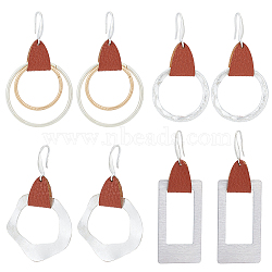 ANATTASOUL 4 Pairs 4 Styles Round & Rectangle & Polygon & Ring Brass Dangle Hoop Earrings, PU Leather Jewelry for Women, Silver, 52~60mm, Pin: 0.8mm, 1 Pair/style(EJEW-AN0003-06)