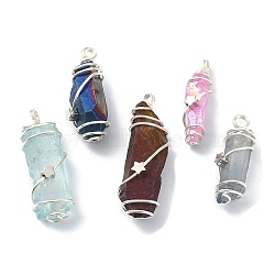 Electroplated Natural Quartz Crystal Pendants, Copper Wire Wrapped Nuggets Charms, Mixed Color, Platinum & Silver, 29~41x8~13.5x8~13mm, Hole: 3~4mm(PALLOY-JF02087-01)