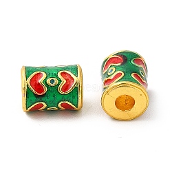 Alloy Enamel Beads, Rack Plating, Column with Heart Pattern, Matte Gold Color, Green, 10x7.5mm, Hole: 3mm(ENAM-M048-12MG-C)