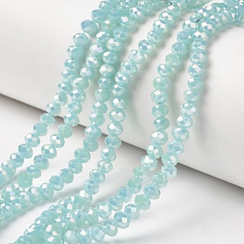 Electroplate Glass Beads Strands, Imitation Jade Beads, Full Rainbow Plated, Faceted, Rondelle, Aquamarine, 4x3mm, Hole: 0.4mm, about 123~127pcs/strand, 16.5~16.9 inch(42~43cm)
