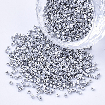 Glass Cylinder Beads, Seed Beads, Metallic Colours, Round Hole, Silver, 1.5~2x1~2mm, Hole: 0.8mm, about 8000pcs/bag, about 85~95g/bag