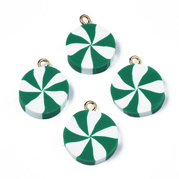 Handmade Polymer Clay Pendants, with Light Gold Iron Loop, Flat Round, Green, 19.5~20.5x15.5~16.5x3.5~4mm, Hole: 2mm