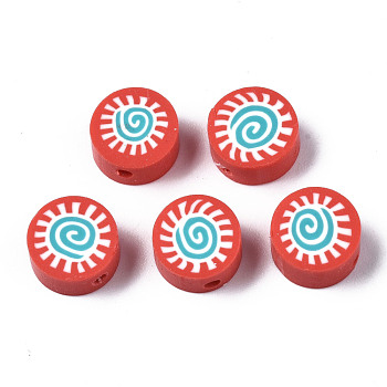Handmade Polymer Clay Beads, for DIY Jewelry Crafts Supplies, Flat Round with Sun, Red, 9.5x4.5~5mm, Hole: 1.6mm
