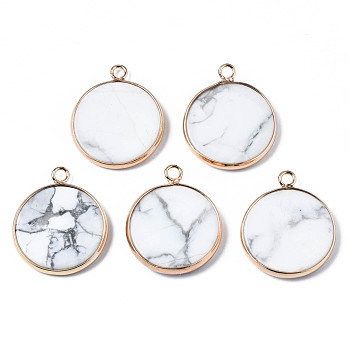 Natural Howlite Pendants, with Golden Plated Brass Edge and Loop, Flat Round, 25x21x3.5mm, Hole: 2mm