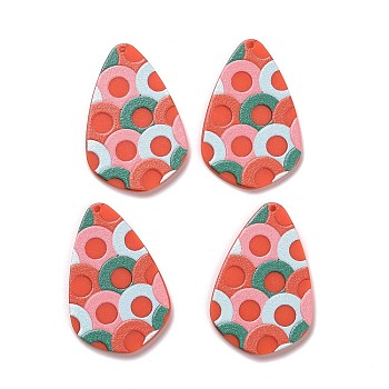 Printed Opaque Acrylic Pendants, Teardrop with Round Ring Pattern, Orange Red, 42x28x2.2mm, Hole: 1.5mm