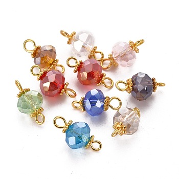 Faceted Rondelle Glass Links Connectors, with Golden Plated Alloy and Brass Findings, Mixed Color, 14.5x7.7x7.7mm, Hole: 1.6~2.2mm