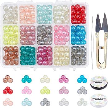 DIY Transparent Spray Painted Glass Round Beads Stretch Bracelets Making Kits, include Sharp Steel Scissors, Elastic Crystal Thread, Stainless Steel Beading Needles, Mixed Color, Beads: 8mm, Hole: 1.3~1.6mm, 525pcs/set