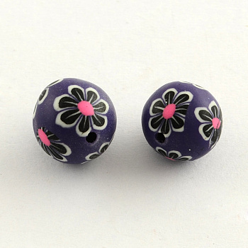 Handmade Flower Pattern Polymer Clay Beads, Round, Medium Purple, 11~12mm, Hole: 2mm