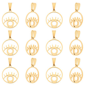 304 Stainless Steel Pendants, Laser Cut, Flat Round with Eye, Golden, 19x17x1.2mm, Hole: 3x5mm, 12pcs/box