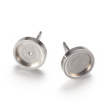 201 Stainless Steel Stud Earring Settings, with 304 Stainless Steel Pins, Stainless Steel Color, Tray: 8mm, 10mm, Pin 0.8mm