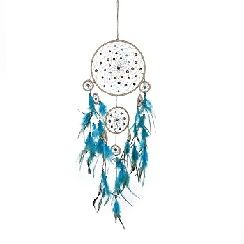 Indian Woven Web/Net with Feather Hanging Ornaments, Iron Ring and Wood Beads for Home Living Room Bedroom Wall Decorations, Deep Sky Blue, 870mm