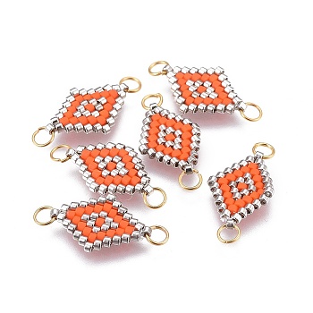 MIYUKI & TOHO Handmade Japanese Seed Beads Links, with Brass Jump Ring, Loom Pattern, Rhombus, Dark Orange, 18x12~12.5x1.8mm, Hole: 2.5mm, 1.8mm thick.