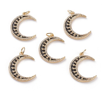 Brass Micro Pave Clear Cubic Zirconia Pendants, with Black Enamel & Jump Rings, Moon, Real 18K Gold Plated, 26x21x2.5mm, Jump Ring: 6x1mm, 4mm Inner Diameter