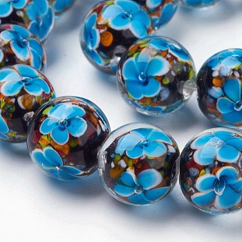 Handmade Inner Flower Lampwork Beads Strands, Round, Dodger Blue, 14mm, Hole: 2mm, 25pcs/strand, 12.99 inch
