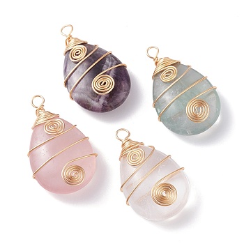 Natural Mixed Gemstone Pendants, with Golden Tone Copper Wire Wrapped, Teardrop Charms, 43~44x26x11mm, Hole: 4.1mm