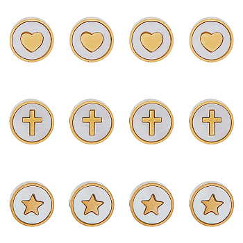 12Pcs 3 Style 304 Stainless Steel Beads, with Shell, Flat Round with Heart/Star/Cross, Golden, 10x3mm, Hole: 1.6mm, 4pcs/style