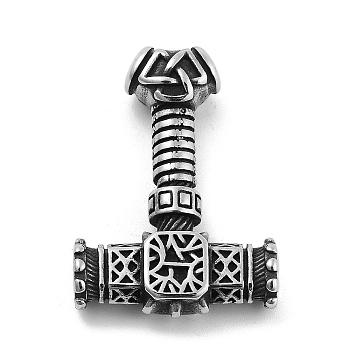 Viking 304 Stainless Steel Pendants, Mjolnir Thor Hammer with Valknut Charm, Antique Silver, 40.5x28.5x10mm, Hole: 4.5mm