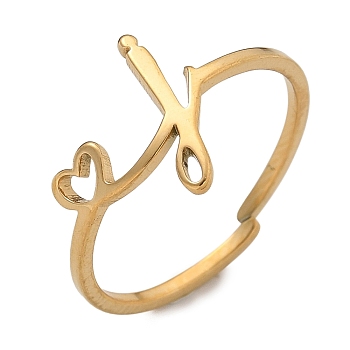 304 Stainless Steel Cuff Rings for Women, Heart with LetterA~Z, Real 18K Gold Plated, Letter J, 11mm, inner diameter: adjustable.