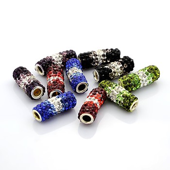 Polymer Clay Grade A Rhinestone Tube Beads, with Double Brass Core, Mixed Color, 22~24x9mm, Hole: 1mm