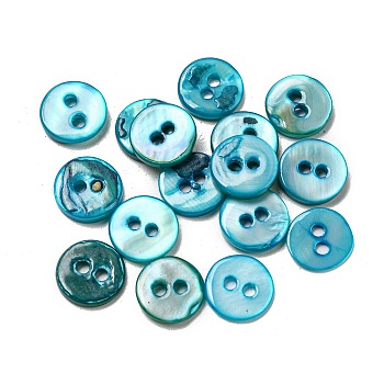 Freshwater Shell Buttons, 2-Hole, Flat Round, Cyan, 9x1~2mm, Hole: 1.5mm