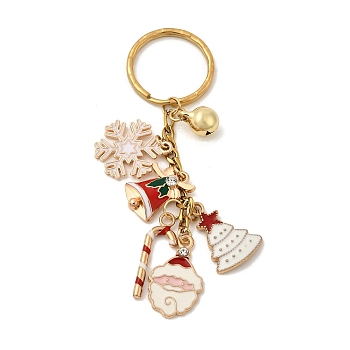 Alloy Enamel Brass Bell Keychains, with 304 Stainless Steel Findings, Christmas Theme, Golden, 88mm