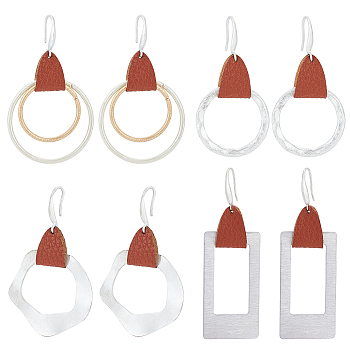 ANATTASOUL 4 Pairs 4 Styles Round & Rectangle & Polygon & Ring Brass Dangle Hoop Earrings, PU Leather Jewelry for Women, Silver, 52~60mm, Pin: 0.8mm, 1 Pair/style