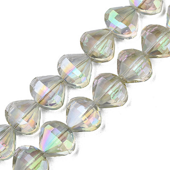Electroplate Transparent Glass Beads Strands, Faceted, Teardrop, Light Green, 10.5x12x6.5mm, Hole: 1mm, about 60pcs/strand, 25.59 inch(65cm)