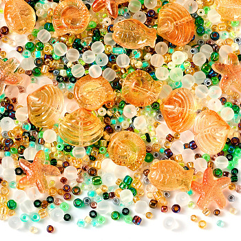 2 Bags Ocean Theme Paint Glass Beads, Round & Starfish & Shell & Leaf, Navajo White, 12~14x14mm, 800~1000pcs/bag