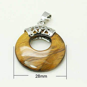 Tiger Eye Pendants, with Brass Findings, Flat Round, Platinum Metal Color,  28x6mm, Hole: 7x4mm
