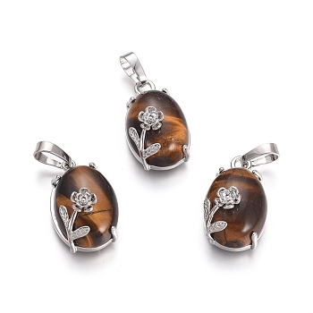 Natural Tiger Eye Pendants, with Platinum Tone Brass Findings, Oval with Flower, 22x13.8x10.3mm, Hole: 6x3.5mm