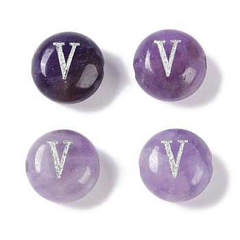 Natural Amethyst Beads, Rondelle with Letter, Letter V, 8.5~9x5~5.5mm, Hole: 1.2mm