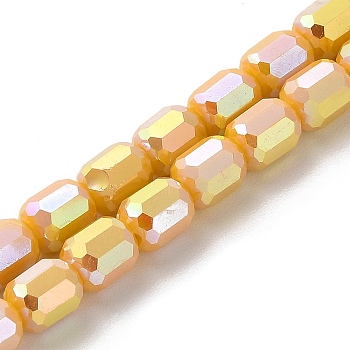 Electroplate Glass Beads Strands, Opaque Solid Color, AB Color Plated, Faceted, Column, Gold, 6x7~7.5mm, Hole: 1mm, about 72~73pcs/strand, 21.06~21.14''(53.5~53.7cm)